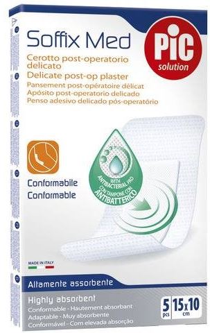 CEROTTO PIC SOFFIX MED IN TNT CON TAMPONE CENTRALE ASSORBENTE STERILE MONOUSO 10X15 CM ANTIBATTERICO 5 PEZZI - Apotecalab srl