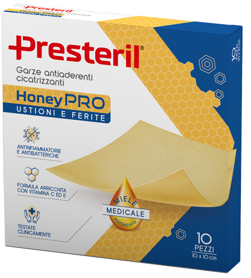 GARZA ANTIADERENTE CICATRIZZANTE PRESTERIL HONEYPRO 10X10 CM 10 PEZZI - Apotecalab srl