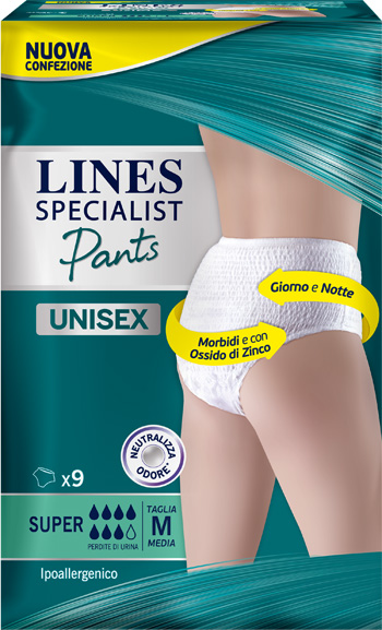 LINES SPECIALIST PANTS SUPER M X 9 PANNOLONE MUTANDINA INDOSSABILE COME NORMALE BIANCHERIA TIPO PULL-ON - Apotecalab srl