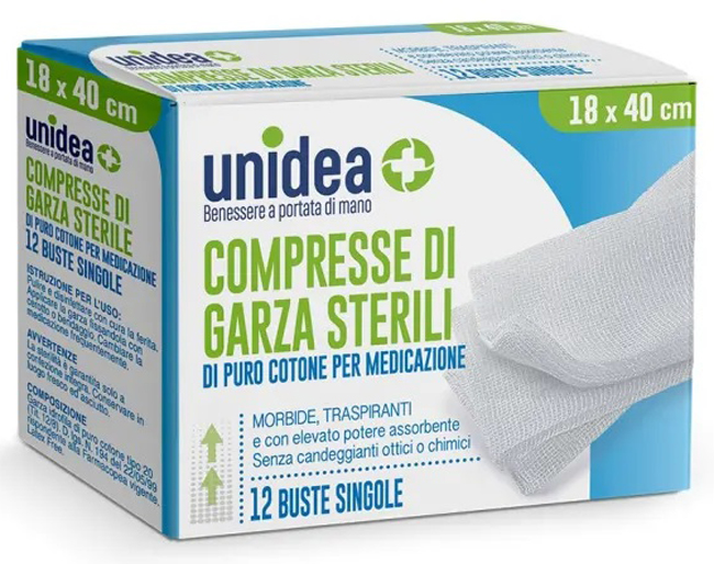 GARZA COMPRESSA UNIDEA COTONE 18X40 CM 12 PEZZI - Apotecalab srl