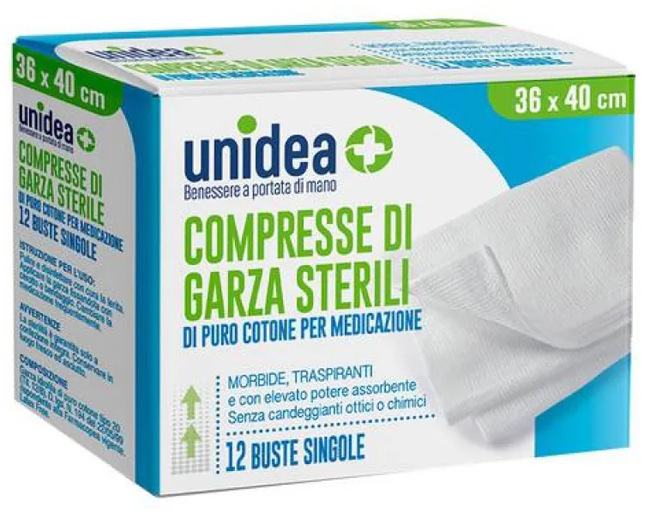 GARZA COMPRESSA UNIDEA COTONE 36X40 CM 12 PEZZI - Apotecalab srl