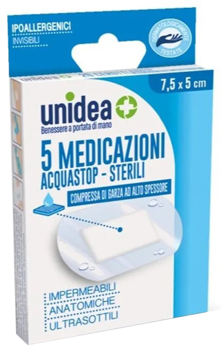 MEDICAZIONE UNIDEA 7,5X5 CM STERILE IMPERMEABILE 5 PEZZI - Apotecalab srl