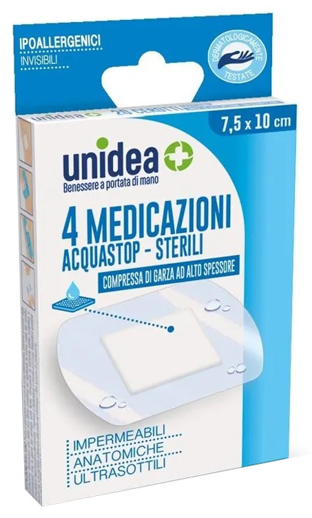 MEDICAZIONE UNIDEA 7,5X10 CM STERILE IMPERMEABILE 4 PEZZI - Apotecalab srl