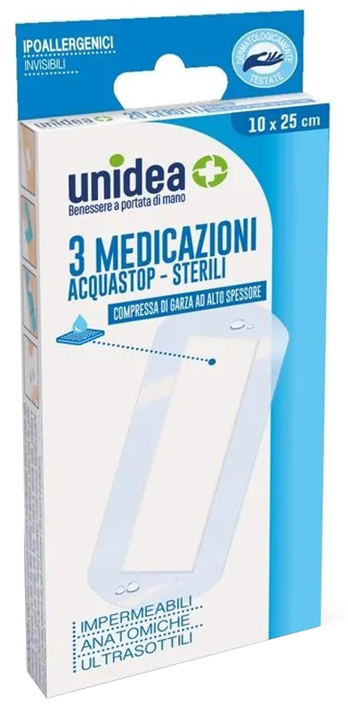 MEDICAZIONE UNIDEA 10X25 CM STERILE IMPERMEABILE 3 PEZZI - Apotecalab srl