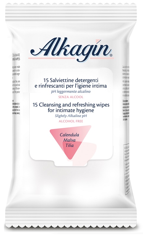 ALKAGIN SALVIETTINE DETERGENTI E RINFRESCANTI PER L'IGIENE INTIMA PH LEGGERMENTE ALCALINO SENZA ALCOOL 15 PEZZI CALENDULA MALVA E TILIA - Apotecalab srl