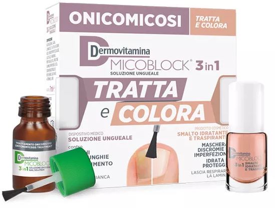 DERMOVITAMINA MICOBLOCK 3 IN 1 TRATTA E COLORA SOLUZIONE UNGUEALE 7 ML + SMALTO IDRATANTE TRASPIRANTE 5 ML - Apotecalab srl