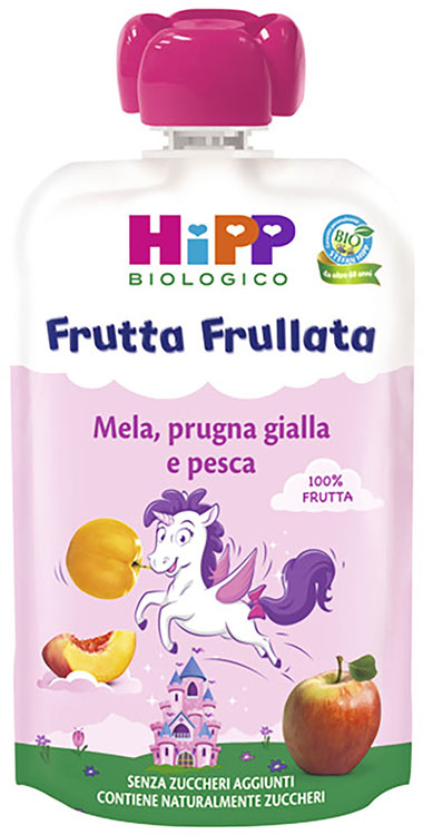 HIPP BIO FRUTTA FRULLATA UNICORNO MELA PRUGNA GIALLA PESCA 90 G - Apotecalab srl