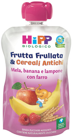 HIPP BIO FRUTTA FRULLATA&CEREALI ANTICHI MELA BANANA LAMPONE FARRO 90 G - Apotecalab srl
