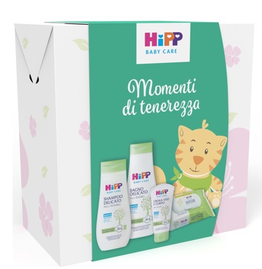HIPP COFANETTO MOMENTI TENEREZZA 1 BABY CARE BAGNO DELICATO 350 ML + 1 BABY CARE CREMA VISO CORPO 75 ML + 1 BABY CARE SHAMPOO DELICATO 200 ML + 1 SALVIETTINE VISO&MANI 20 PEZZI - Apotecalab srl
